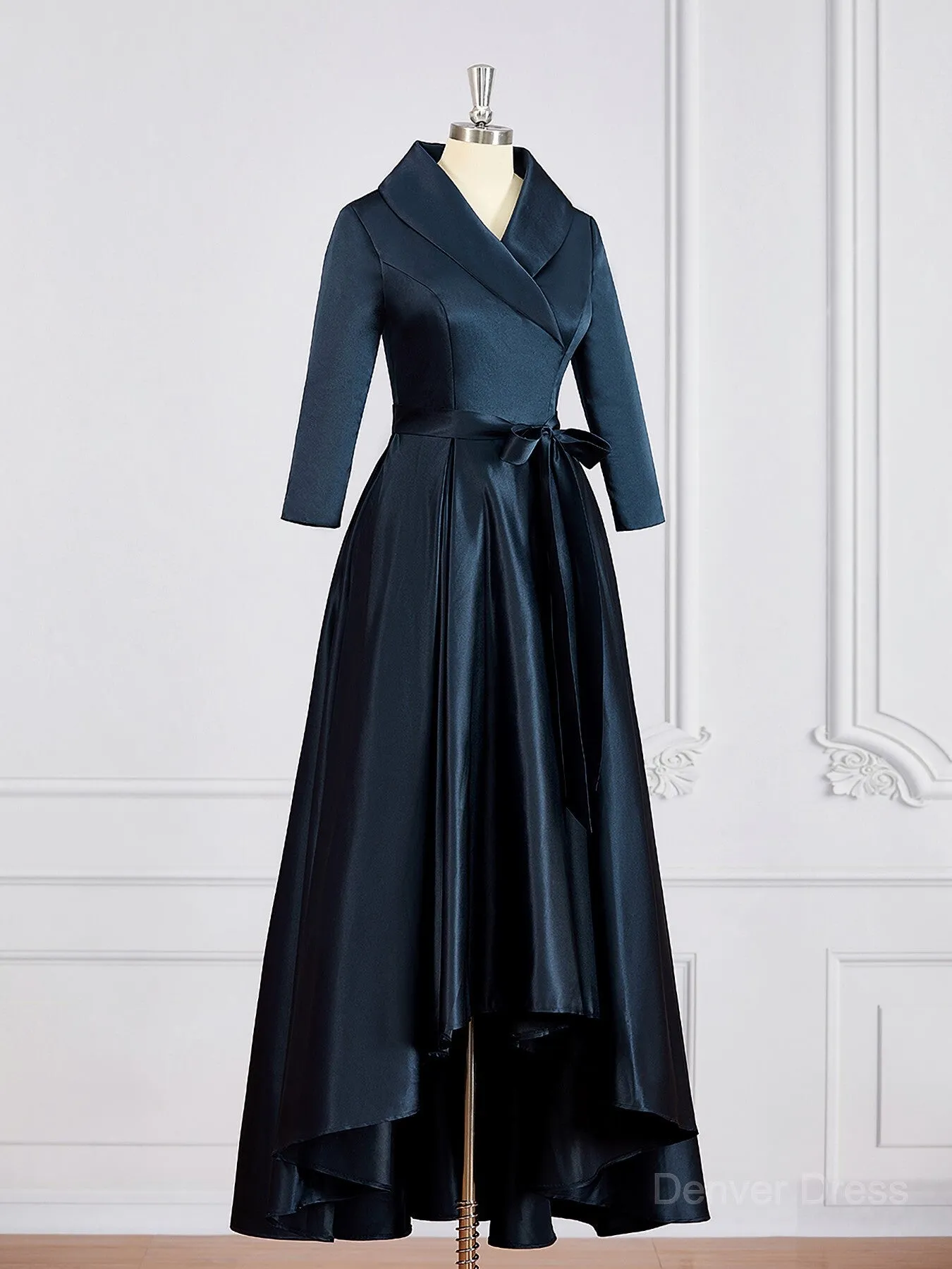 A-Line V-neck Asymmetrical Satin Mother of the Bride Dresses With Sash