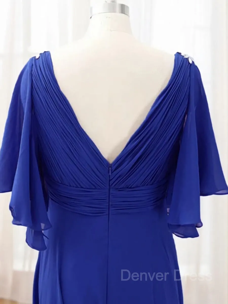 A-Line V-neck Sweep Train Chiffon Mother of the Bride Dresses With Beading
