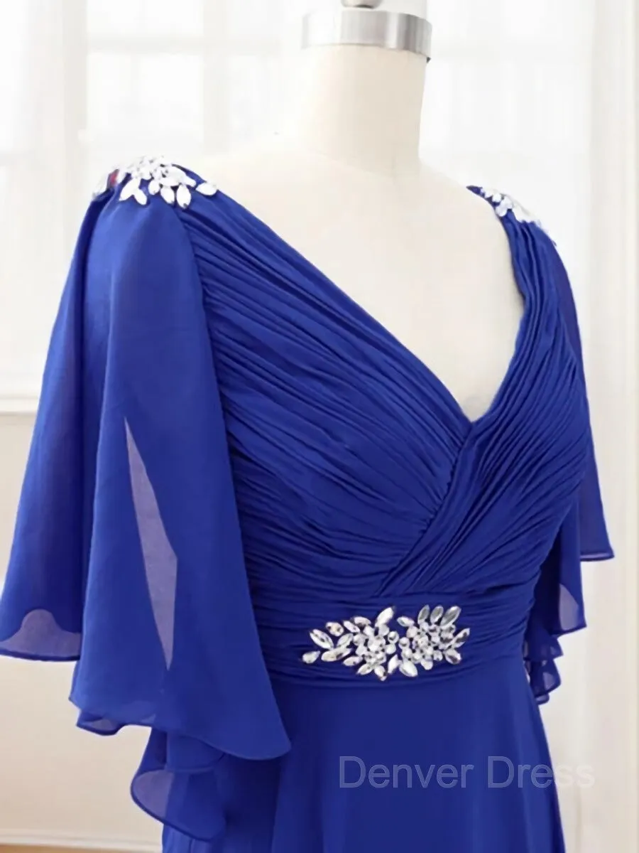 A-Line V-neck Sweep Train Chiffon Mother of the Bride Dresses With Beading