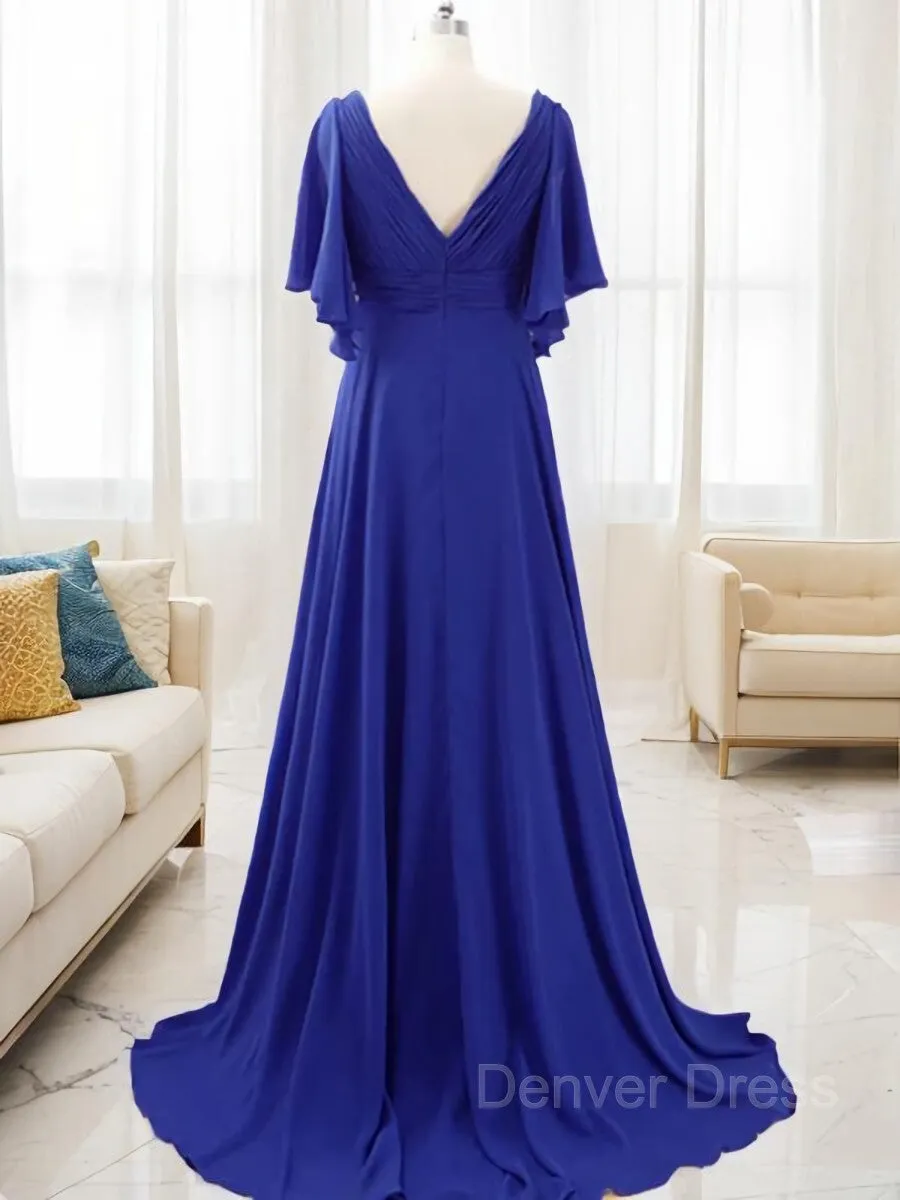 A-Line V-neck Sweep Train Chiffon Mother of the Bride Dresses With Beading
