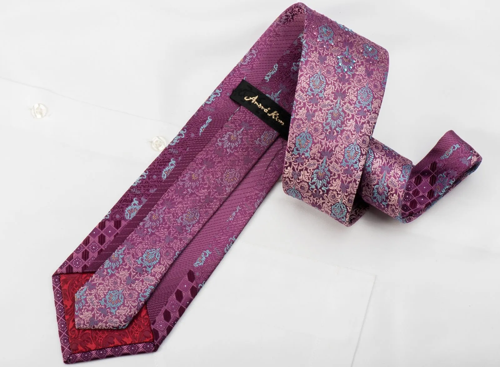 Andre Kim Rhinestone Silk Tie Anthemion On Purple With Golden Sparkles