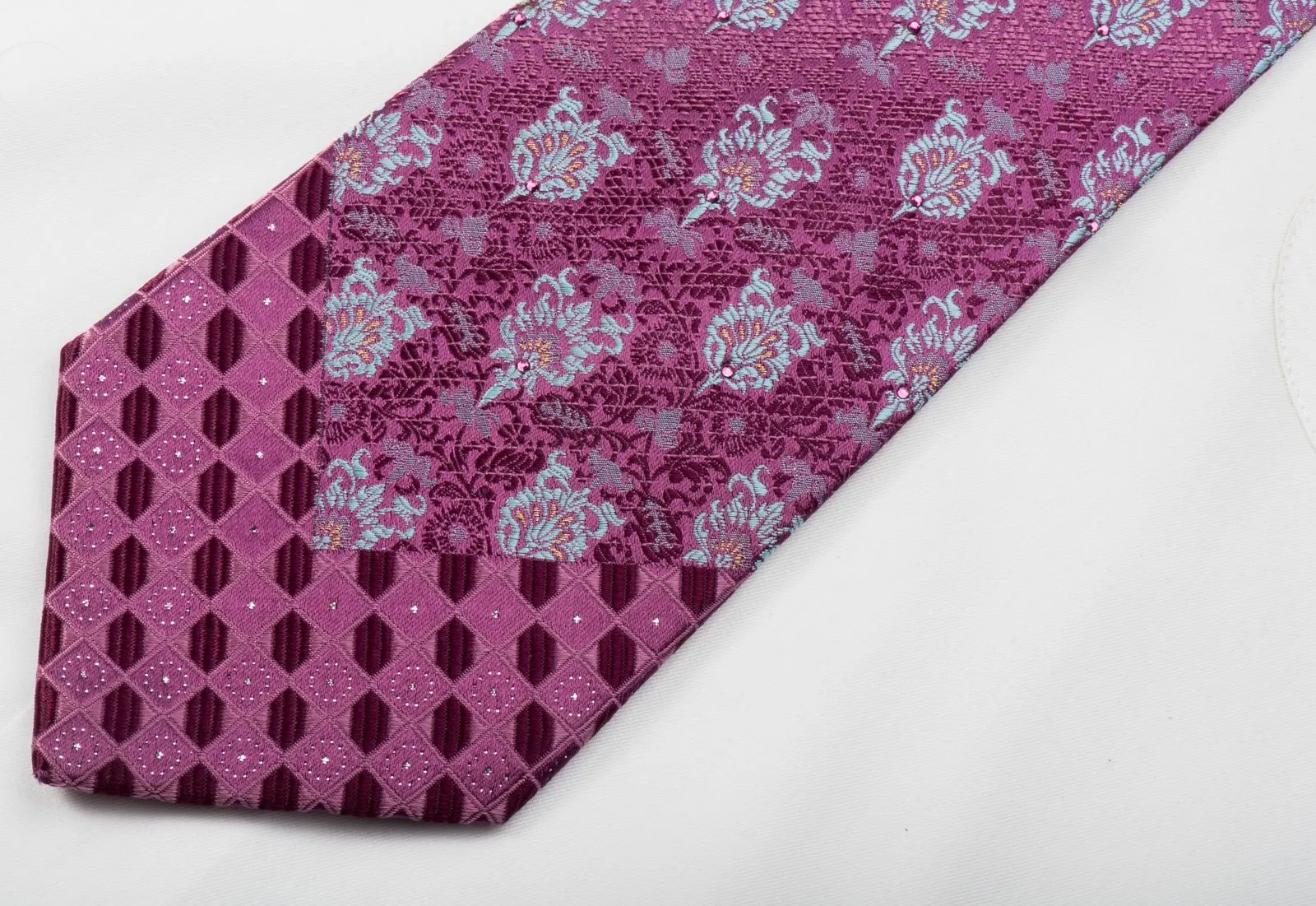 Andre Kim Rhinestone Silk Tie Anthemion On Purple With Golden Sparkles