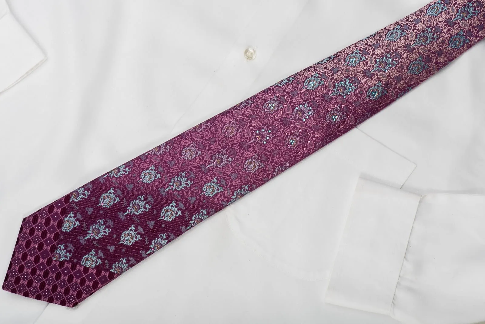 Andre Kim Rhinestone Silk Tie Anthemion On Purple With Golden Sparkles