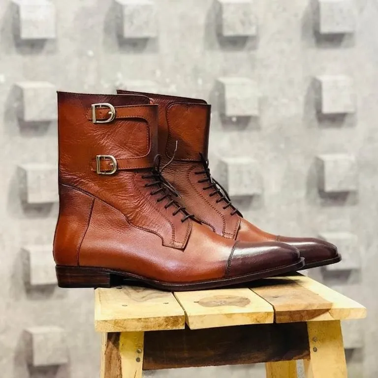 Ankle High Brown Lace Up Cap Toe Double Buckle Pure Handmade Leather Boot
