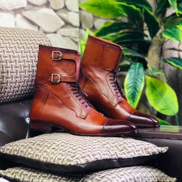 Ankle High Brown Lace Up Cap Toe Double Buckle Pure Handmade Leather Boot
