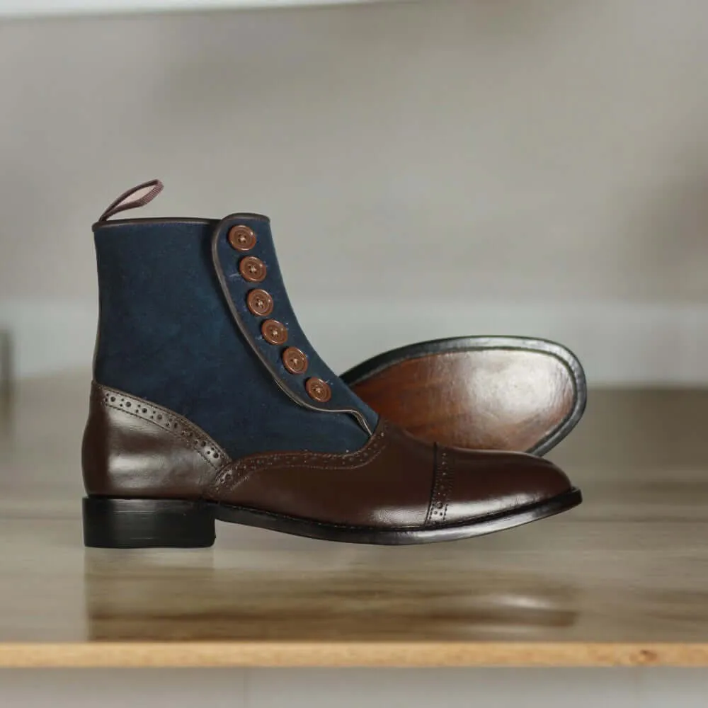 Ankle High Handmade Navy Blue & Brown Leather Suede Boot, Men's Luxury Boot