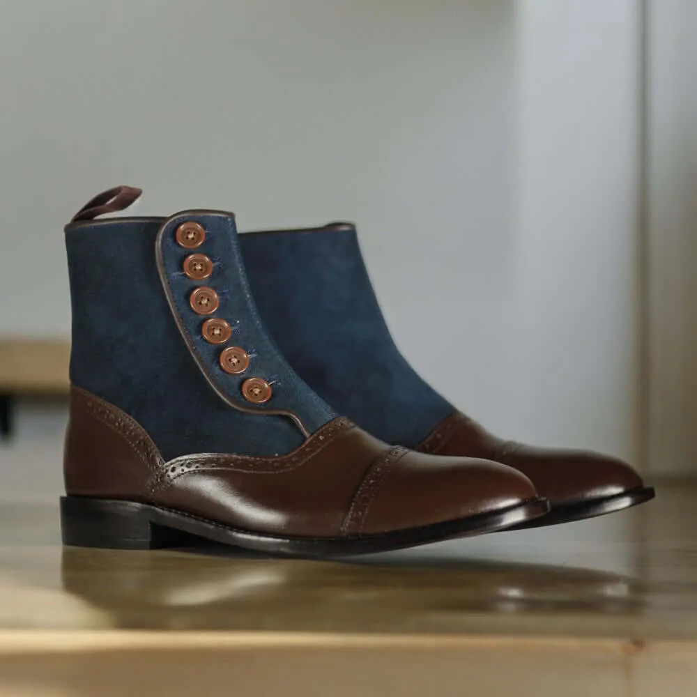 Ankle High Handmade Navy Blue & Brown Leather Suede Boot, Men's Luxury Boot