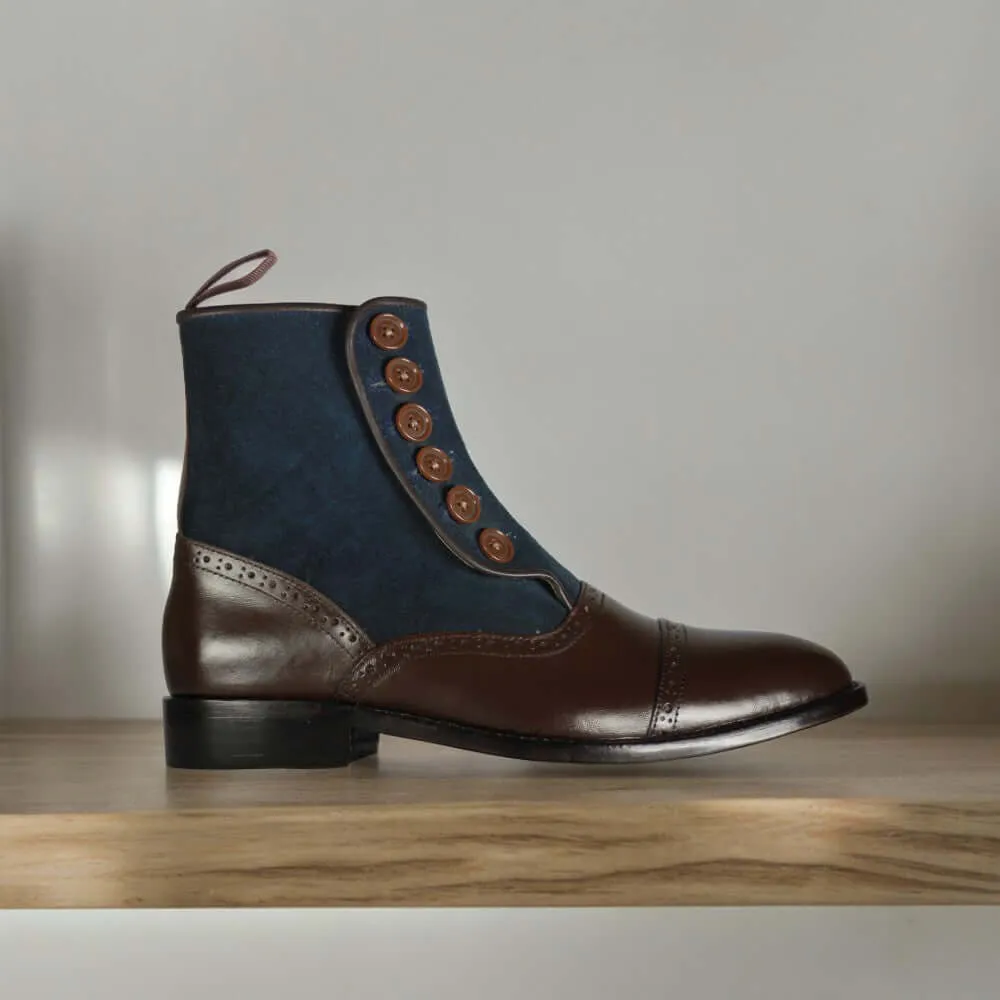 Ankle High Handmade Navy Blue & Brown Leather Suede Boot, Men's Luxury Boot
