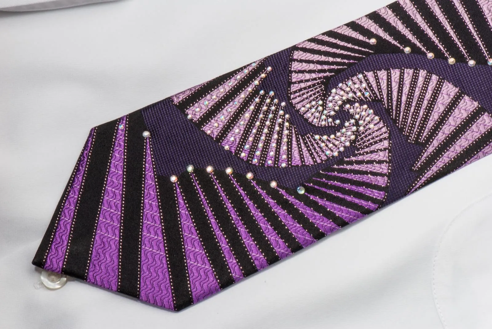 Balenciaga Men's Rhinestone Silk Necktie Geometric Design On Purple With Silver Sparkles