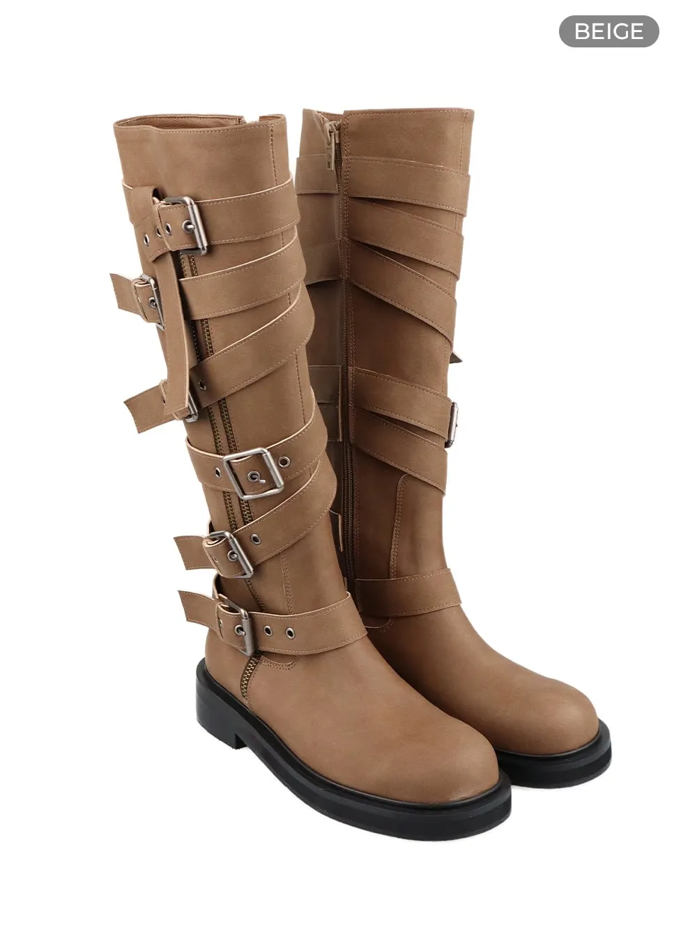 Buckled Leather Knee-High Boots OA425