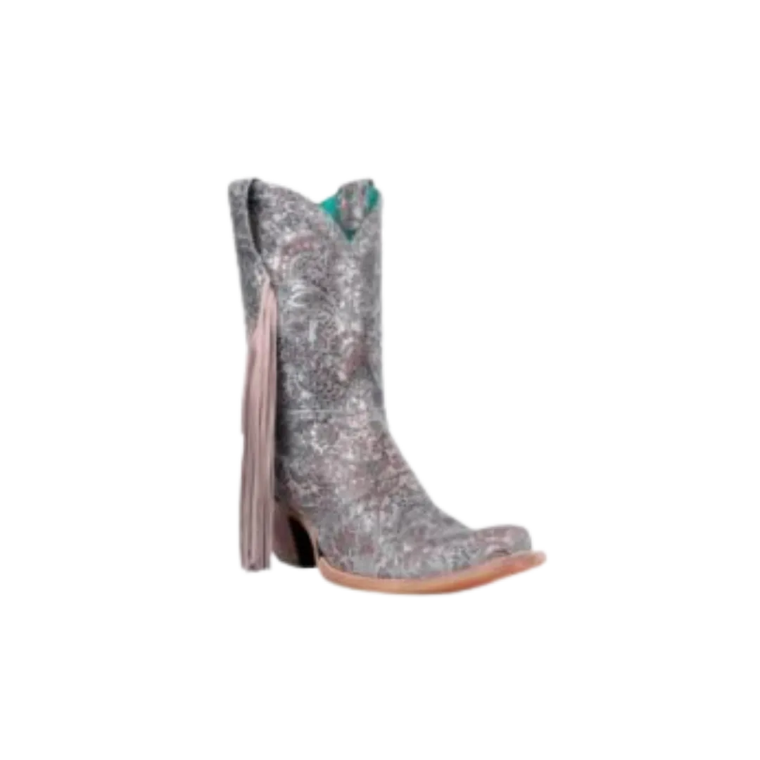 Corral Women's Stamped Floral Suede Studs & Fringe Ankle Silver Boots