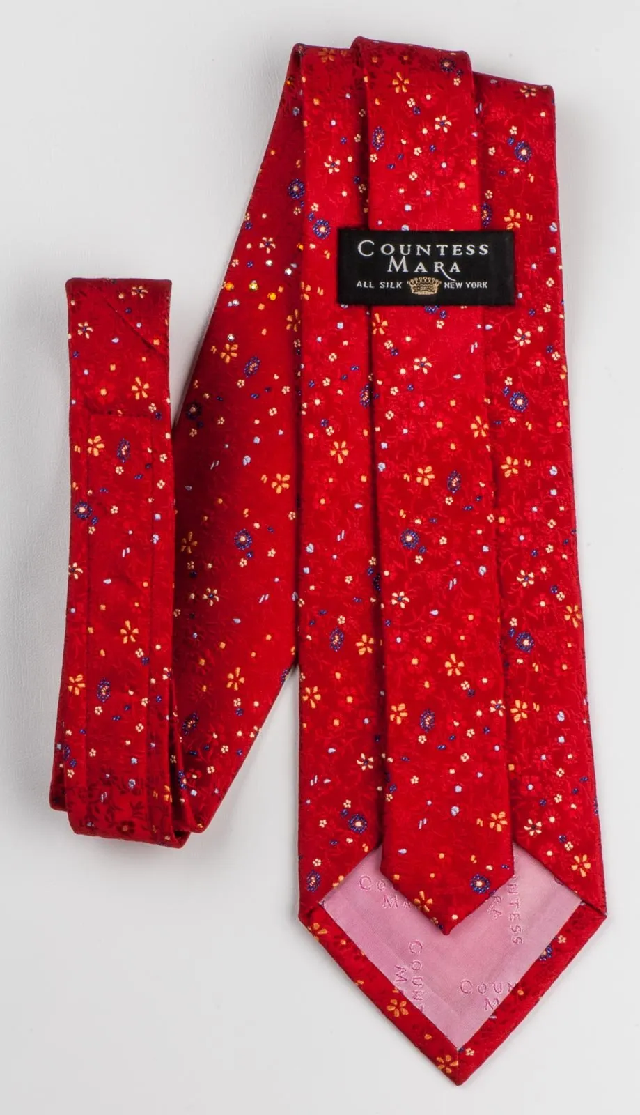 Countess Mara Men's Silk Neck Tie Floral Design On Red With Rhinestones