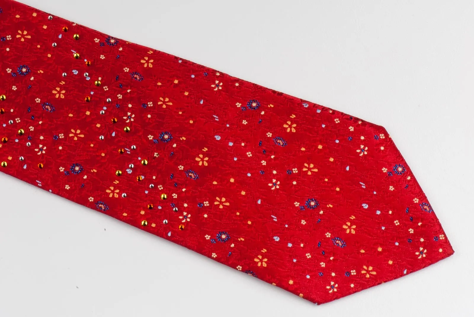 Countess Mara Men's Silk Neck Tie Floral Design On Red With Rhinestones