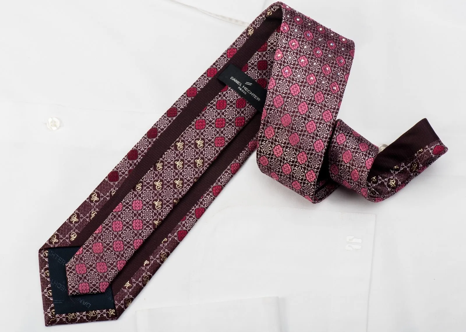 Daniel Hechter Rhinestone Tie Cartouche On Burgundy With Gold Sparkles