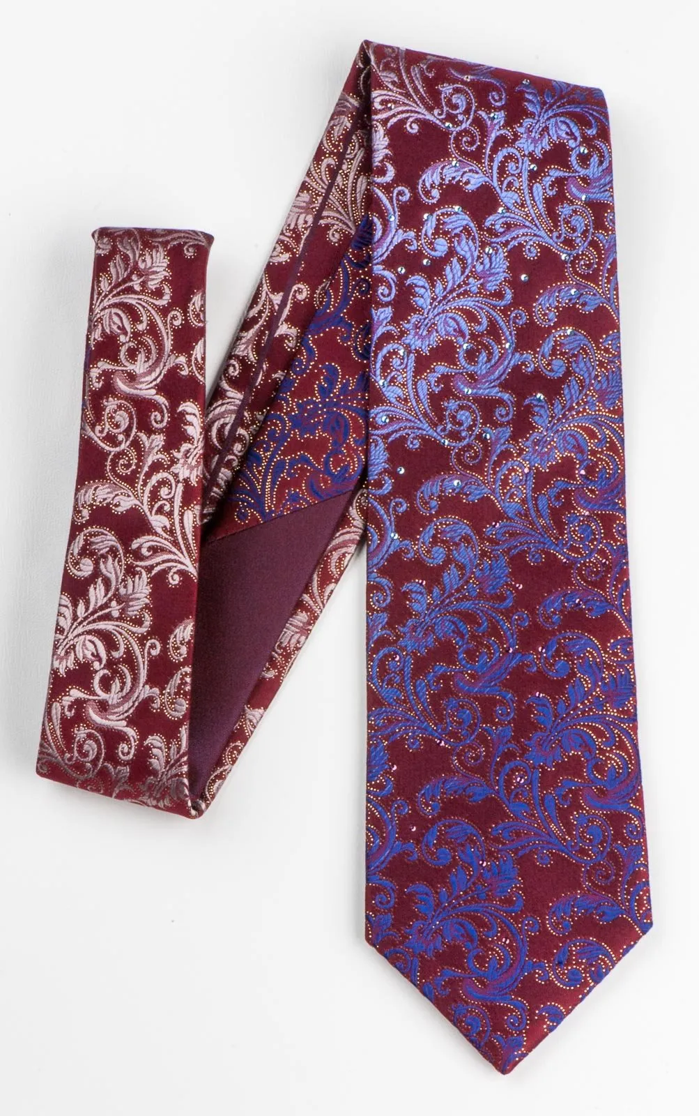 Daniel Hechter Silk Necktie Blue & Golden Vines On Burgundy With Rhinestones