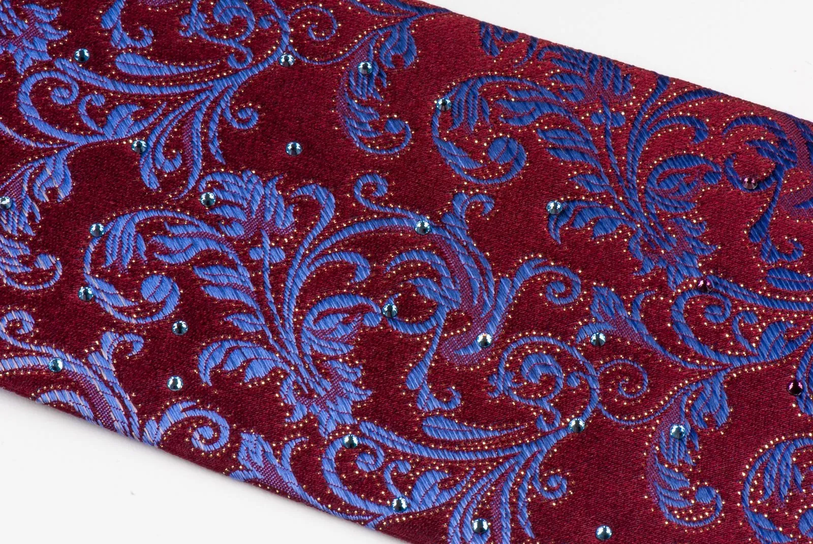 Daniel Hechter Silk Necktie Blue & Golden Vines On Burgundy With Rhinestones
