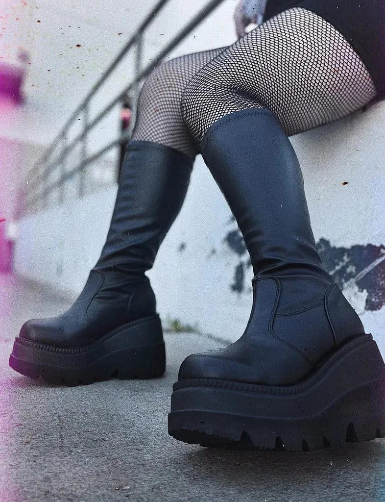 DEMONIA SHAKER 65 WIDE CALF PLATFORM BOOTS - BLACK VEGAN LEATHER