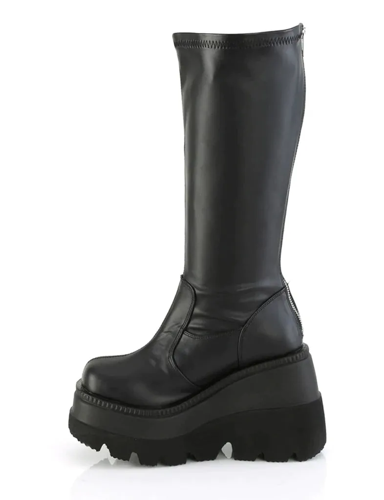 DEMONIA SHAKER 65 WIDE CALF PLATFORM BOOTS - BLACK VEGAN LEATHER