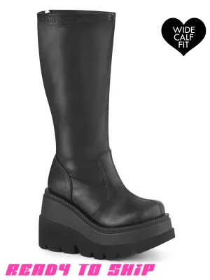 DEMONIA SHAKER 65 WIDE CALF PLATFORM BOOTS - BLACK VEGAN LEATHER