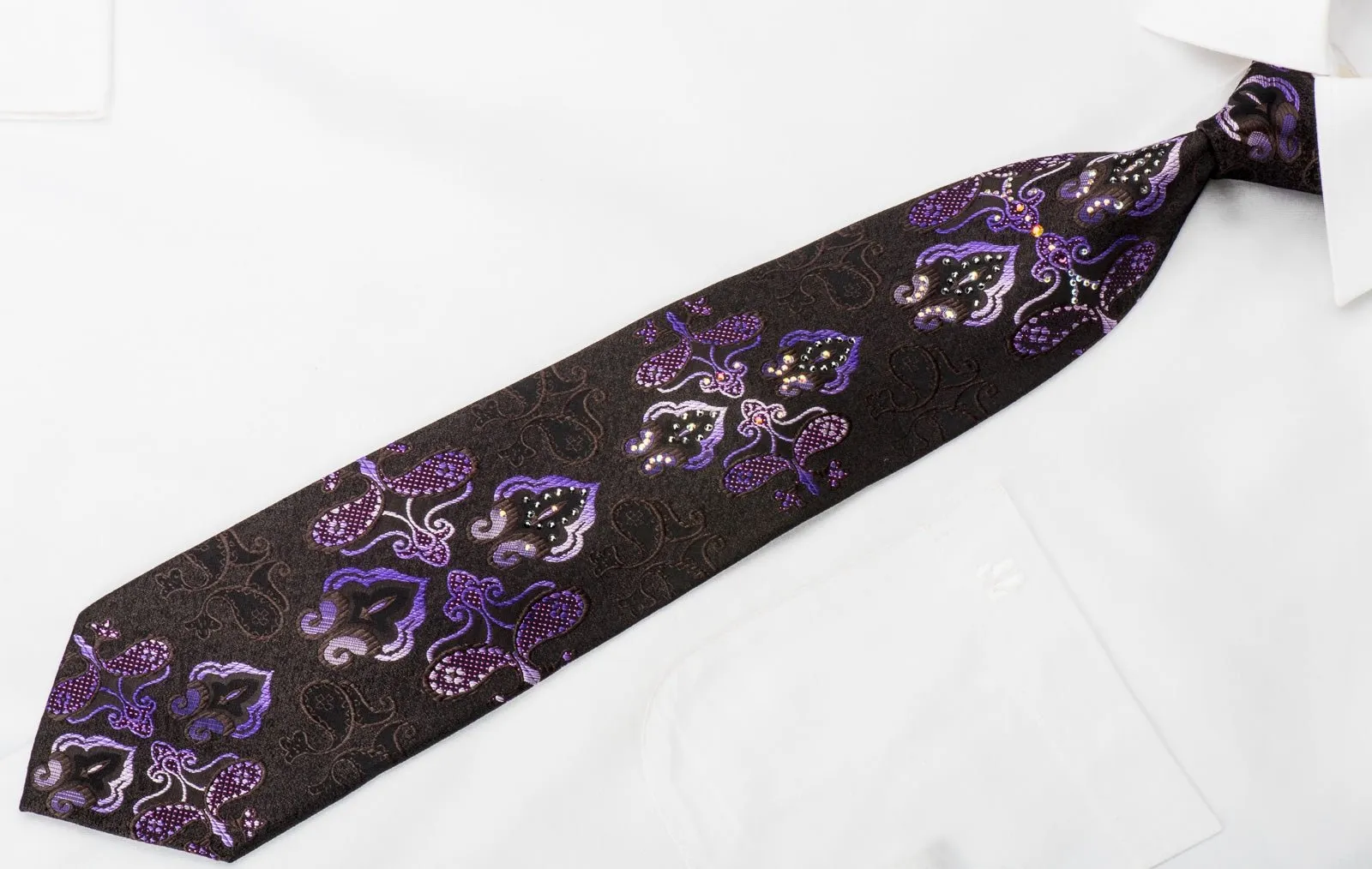Elegance Mens Rhinestone Tie Purple Damask On Brown With Sparkles