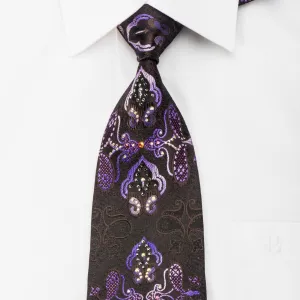 Elegance Mens Rhinestone Tie Purple Damask On Brown With Sparkles