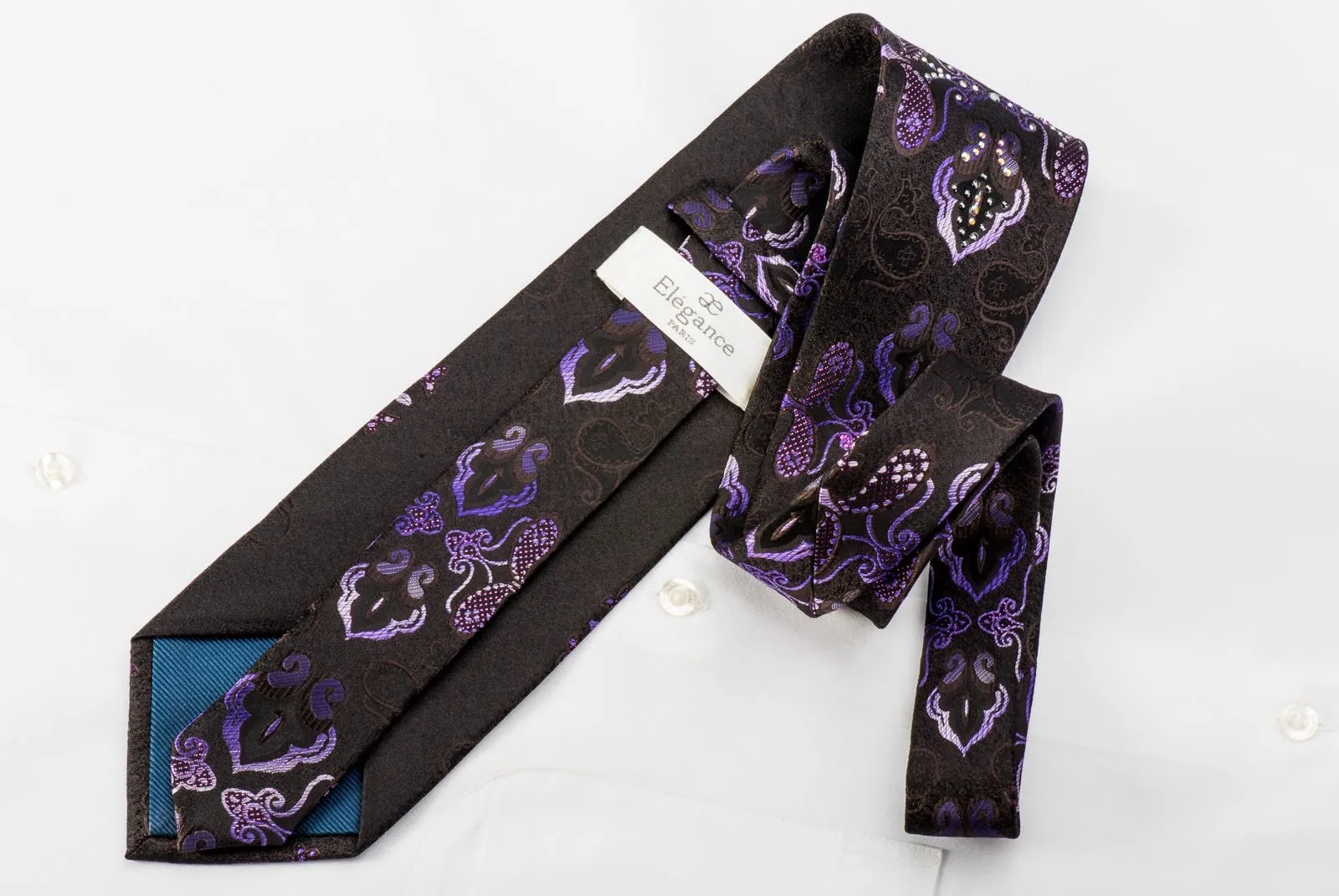 Elegance Mens Rhinestone Tie Purple Damask On Brown With Sparkles