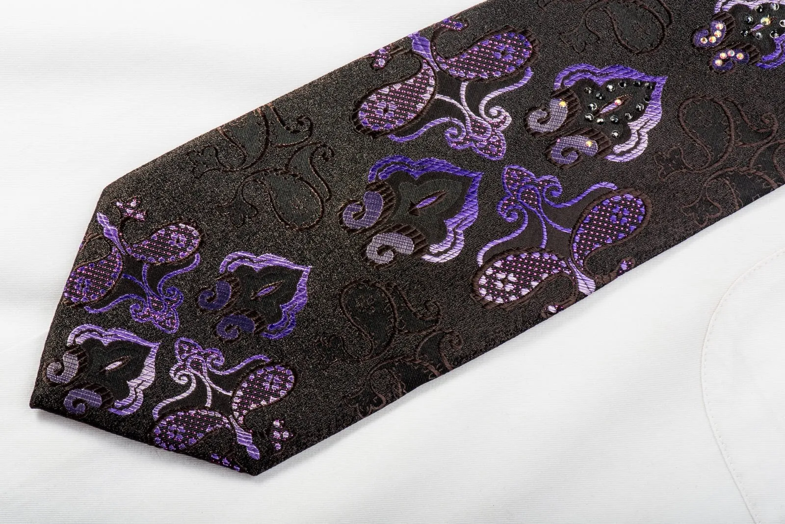 Elegance Mens Rhinestone Tie Purple Damask On Brown With Sparkles