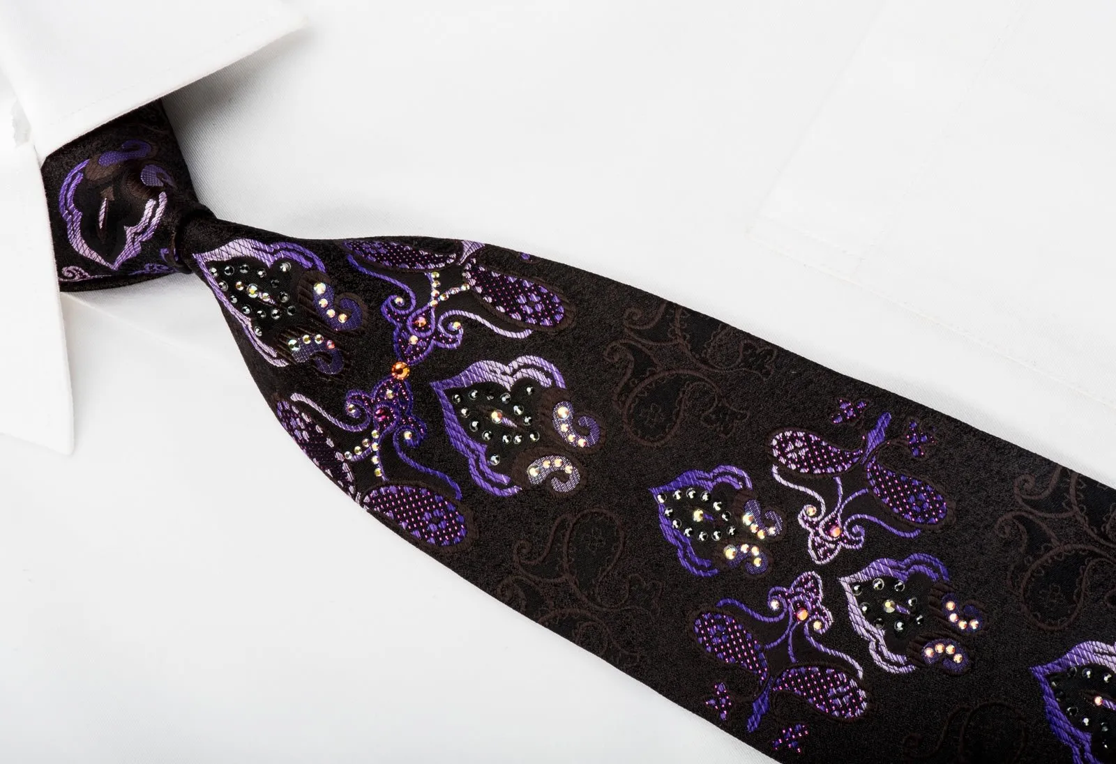 Elegance Mens Rhinestone Tie Purple Damask On Brown With Sparkles