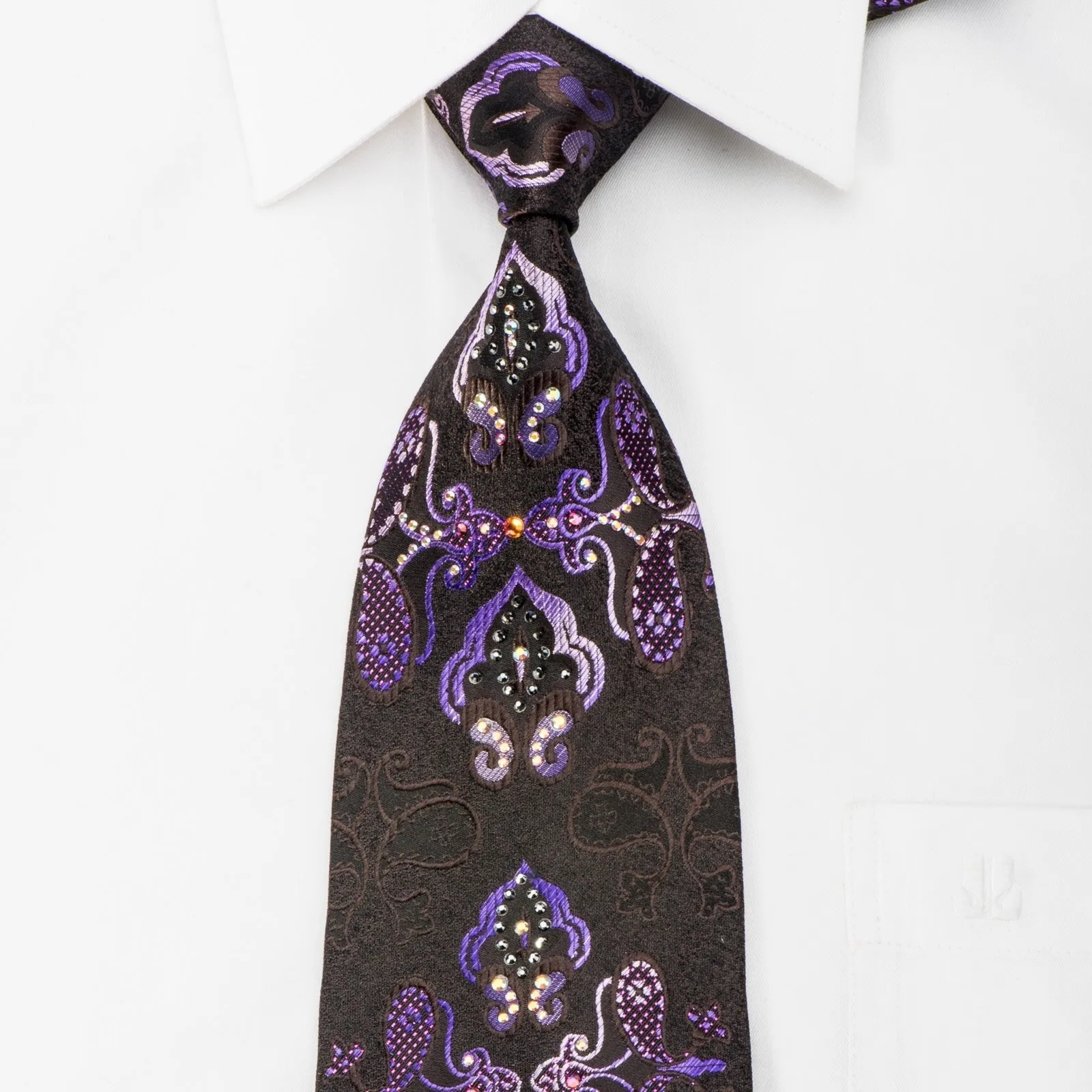 Elegance Mens Rhinestone Tie Purple Damask On Brown With Sparkles