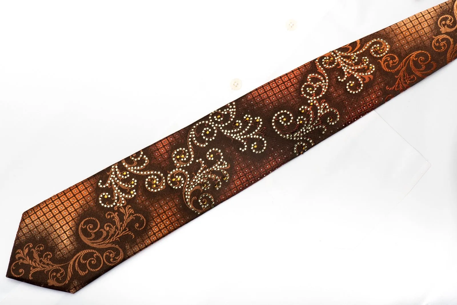 Elle Homme Men's Rhinestone Silk Tie Orange Scrolls On Brown With Silver Sparkles