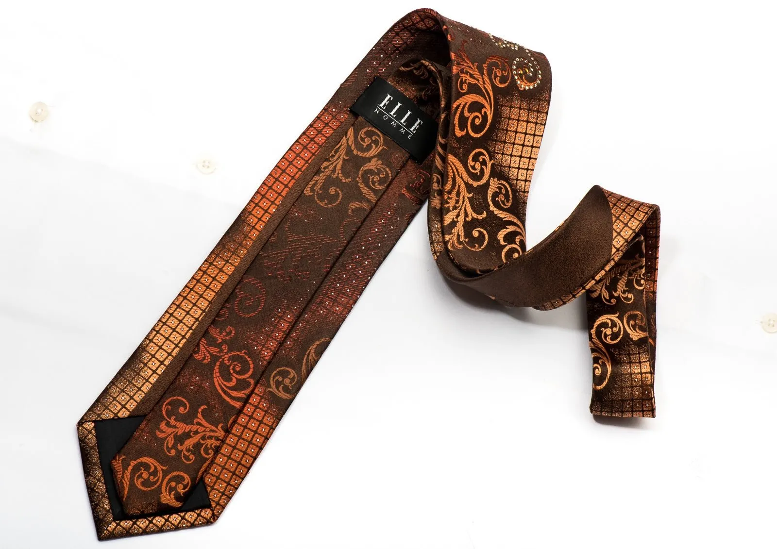 Elle Homme Men's Rhinestone Silk Tie Orange Scrolls On Brown With Silver Sparkles