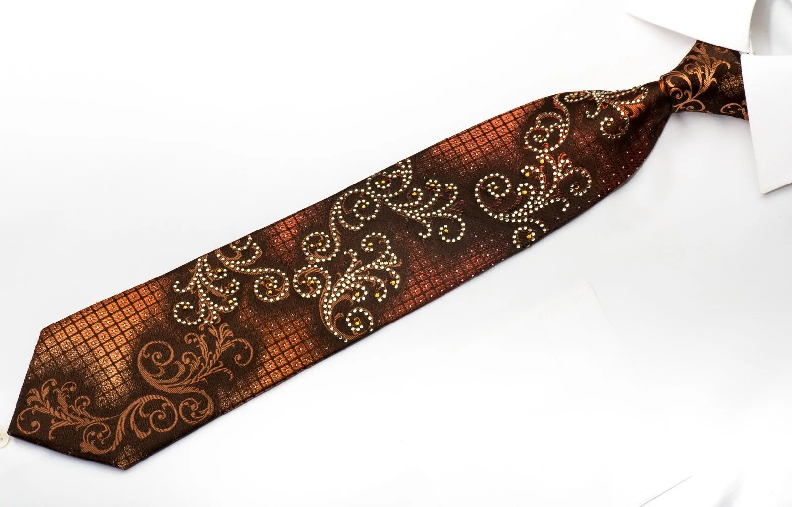 Elle Homme Men's Rhinestone Silk Tie Orange Scrolls On Brown With Silver Sparkles