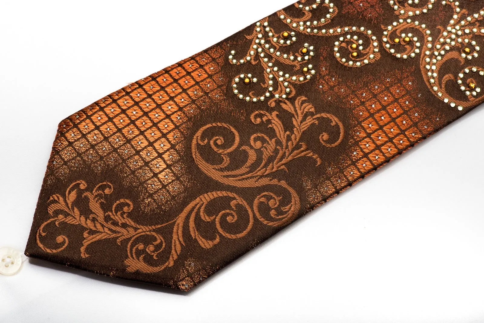 Elle Homme Men's Rhinestone Silk Tie Orange Scrolls On Brown With Silver Sparkles