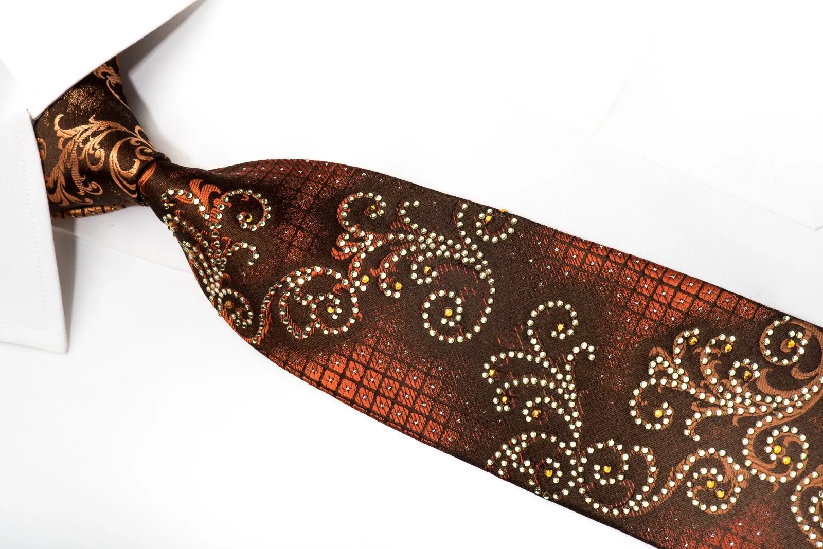 Elle Homme Men's Rhinestone Silk Tie Orange Scrolls On Brown With Silver Sparkles