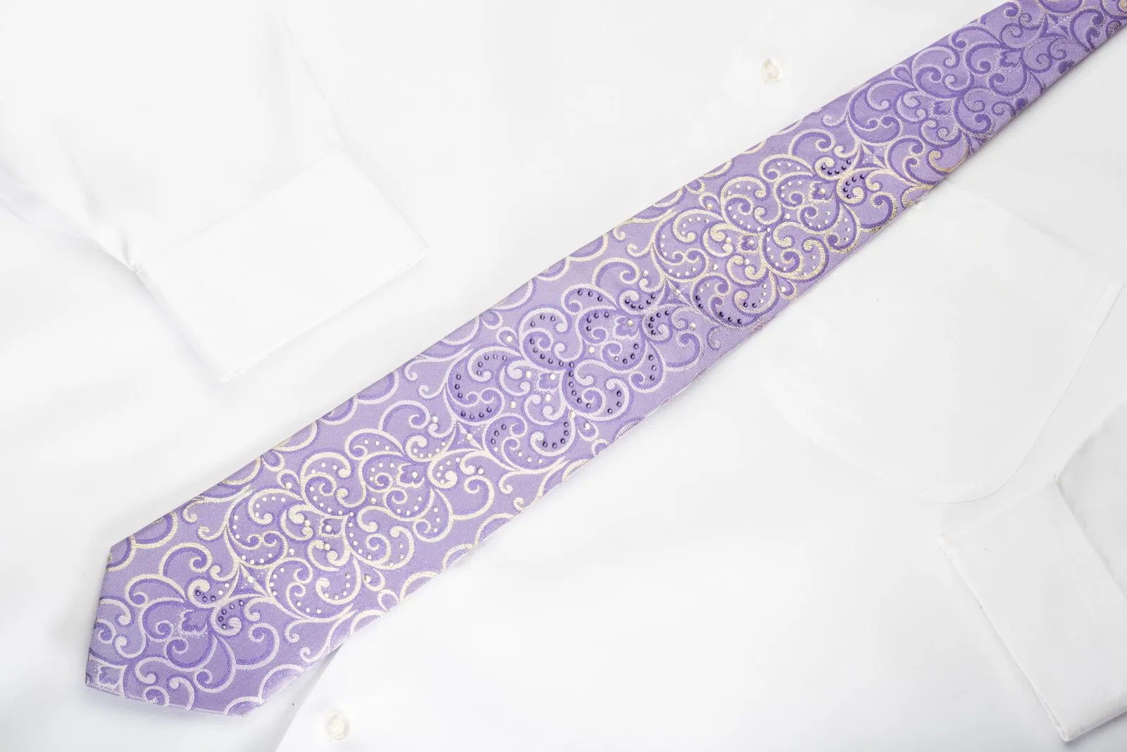 Elle Homme Rhinestone Silk Necktie Silver Damask On Purple With Silver Sparkles