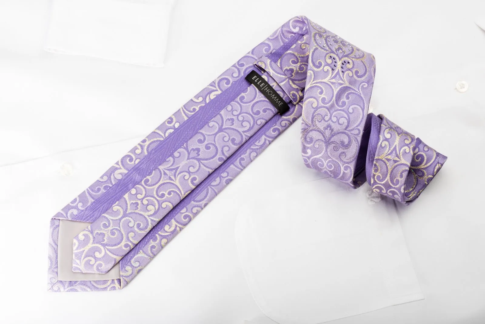 Elle Homme Rhinestone Silk Necktie Silver Damask On Purple With Silver Sparkles