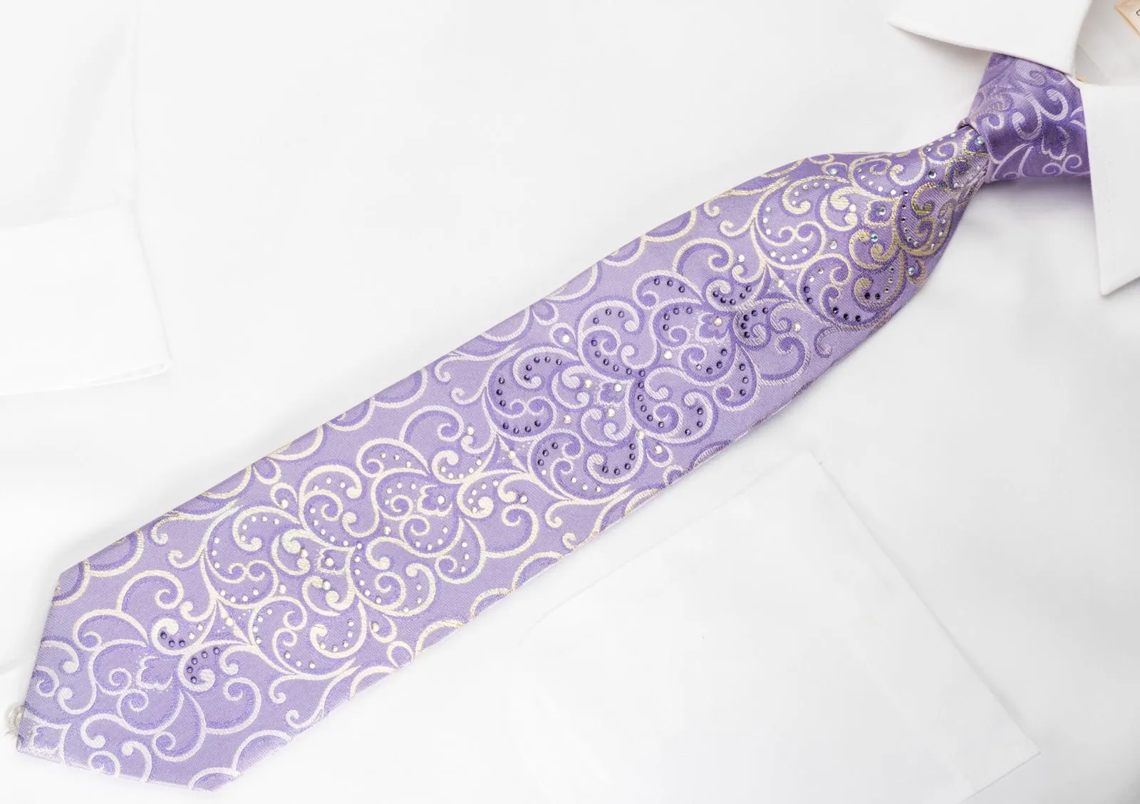 Elle Homme Rhinestone Silk Necktie Silver Damask On Purple With Silver Sparkles