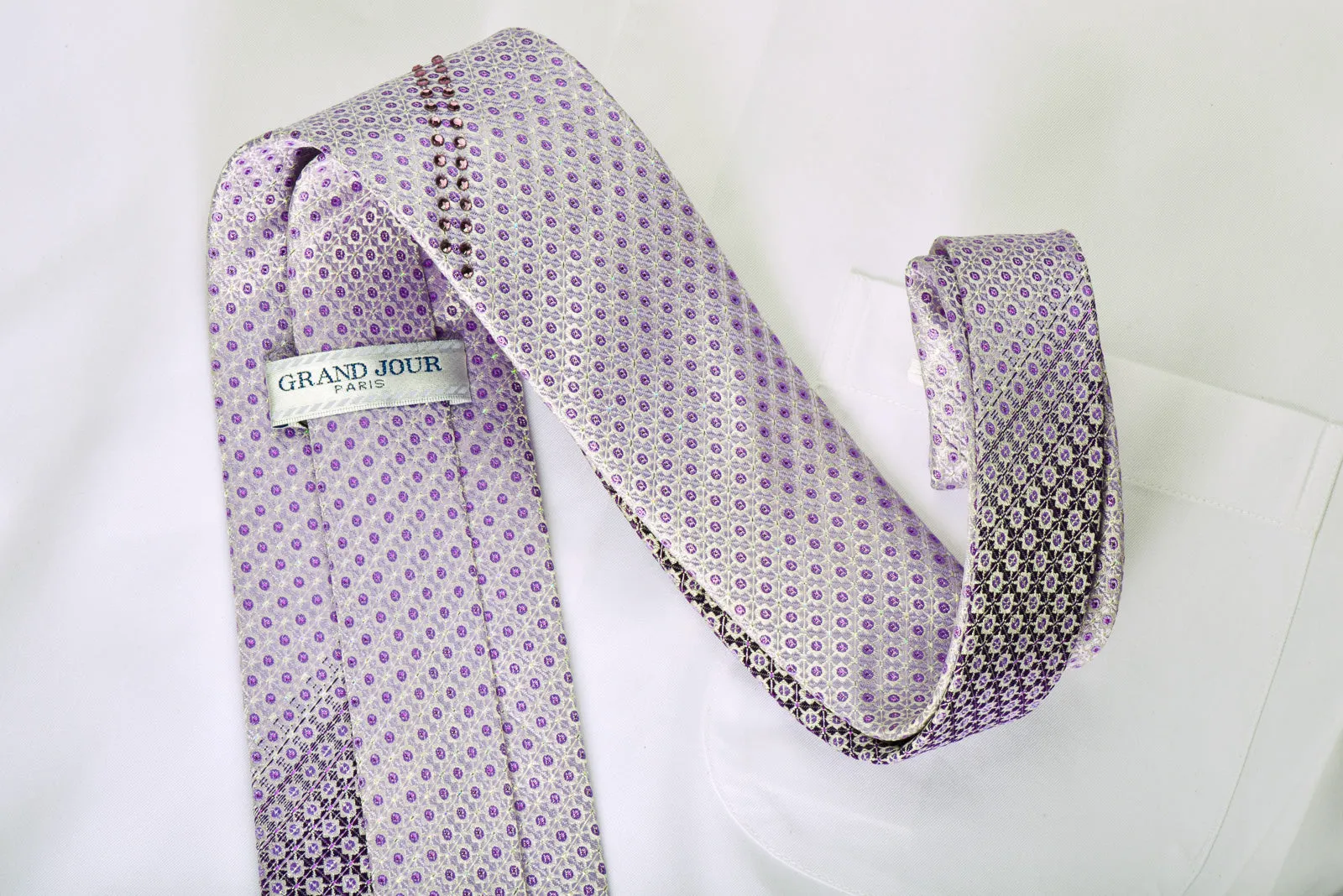 Grand Jour Rhinestone Silk Necktie Purple Dots On Mauve With Silver Sparkles