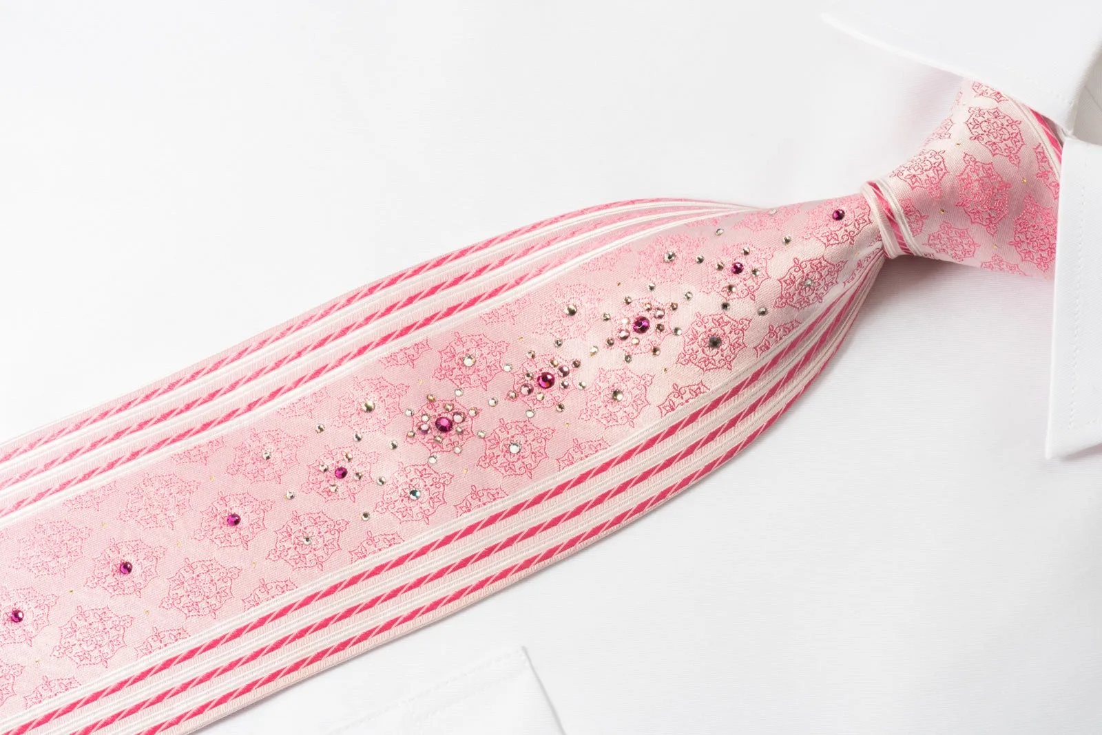 Guy Laroche Silk Rhinestone Necktie Cartouche Stripes On Pink With Silver Sparkles