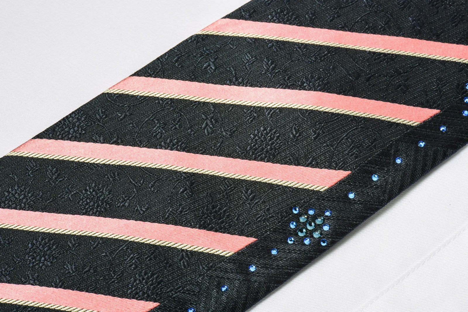 Guy Laroche Silk Rhinestone Tie Pink Striped On Black