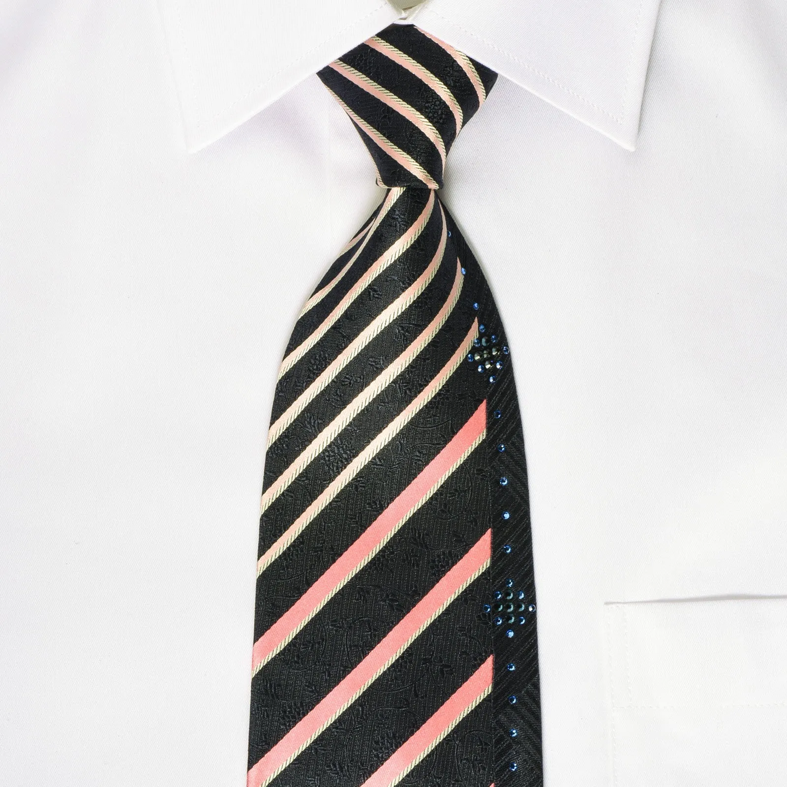 Guy Laroche Silk Rhinestone Tie Pink Striped On Black