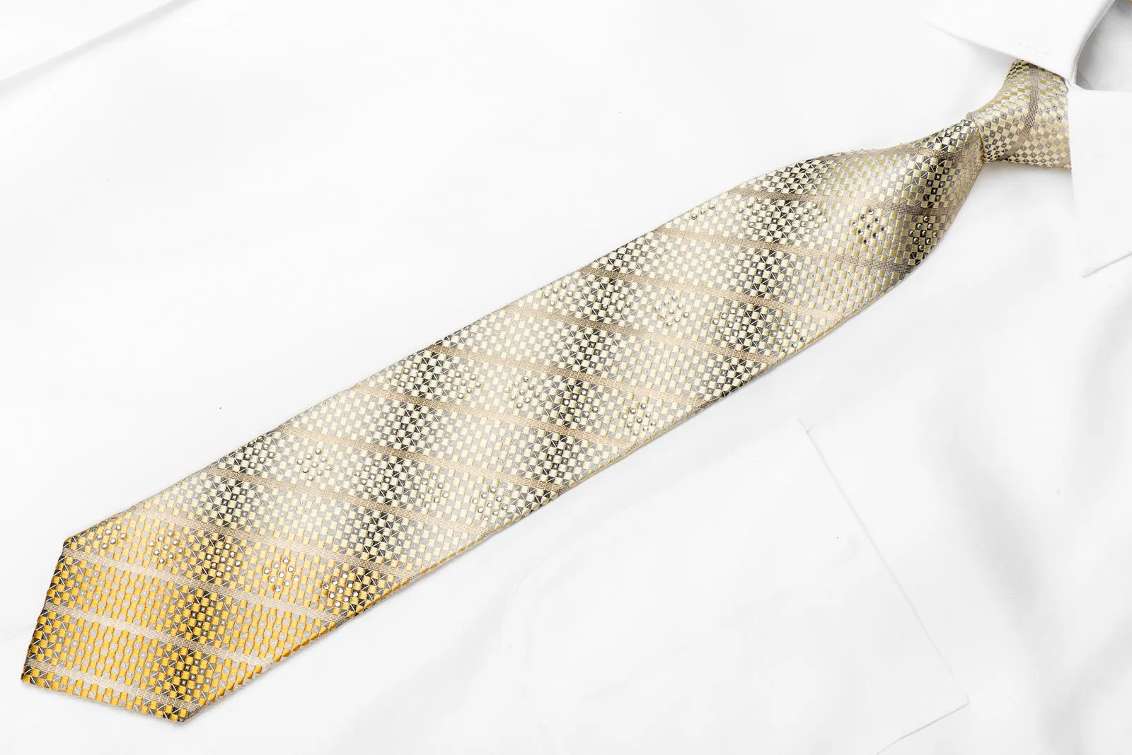 Herbon Men's Crystal Silk Tie Gold Metallic Stripes On Silver Cream Checker