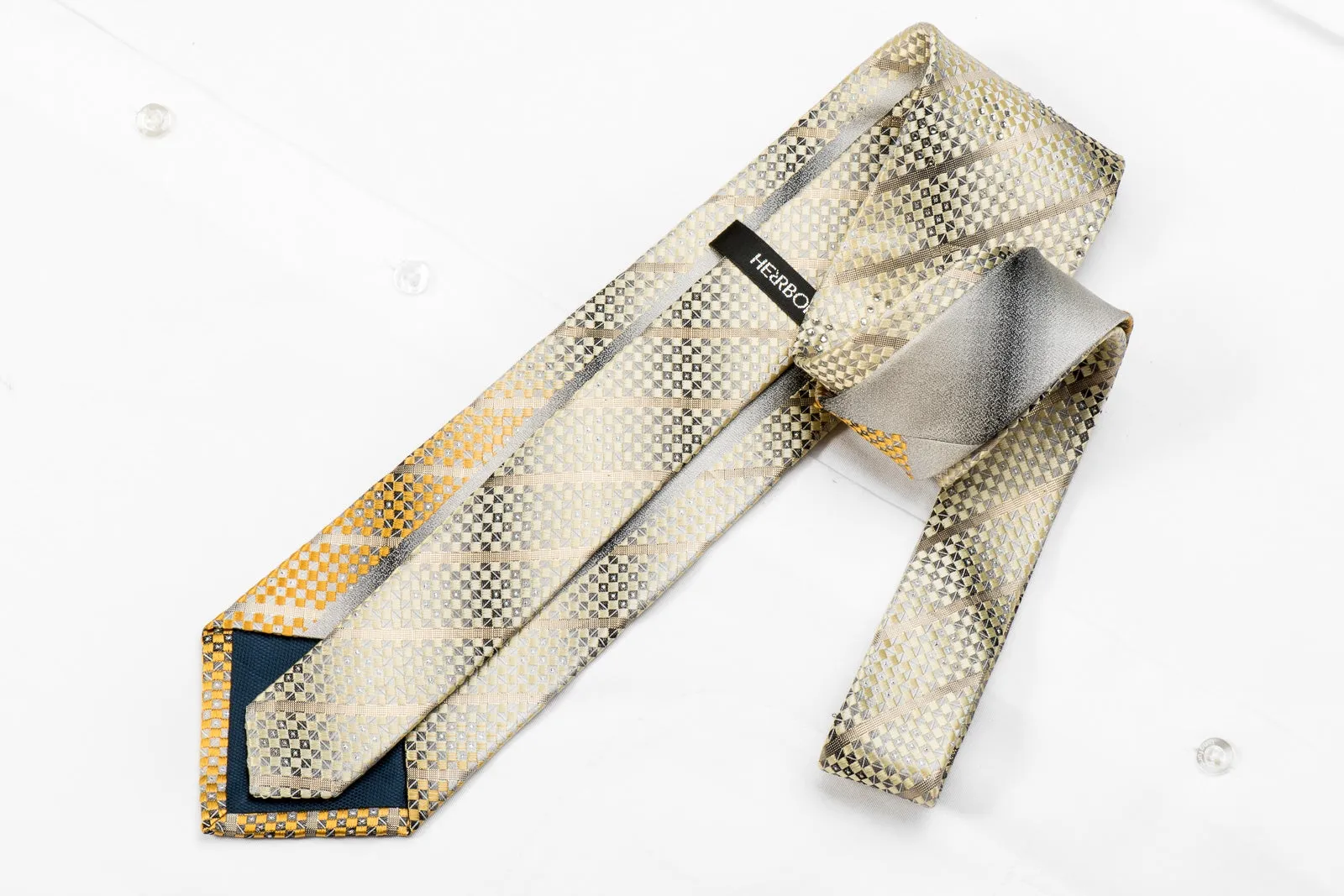 Herbon Men's Crystal Silk Tie Gold Metallic Stripes On Silver Cream Checker