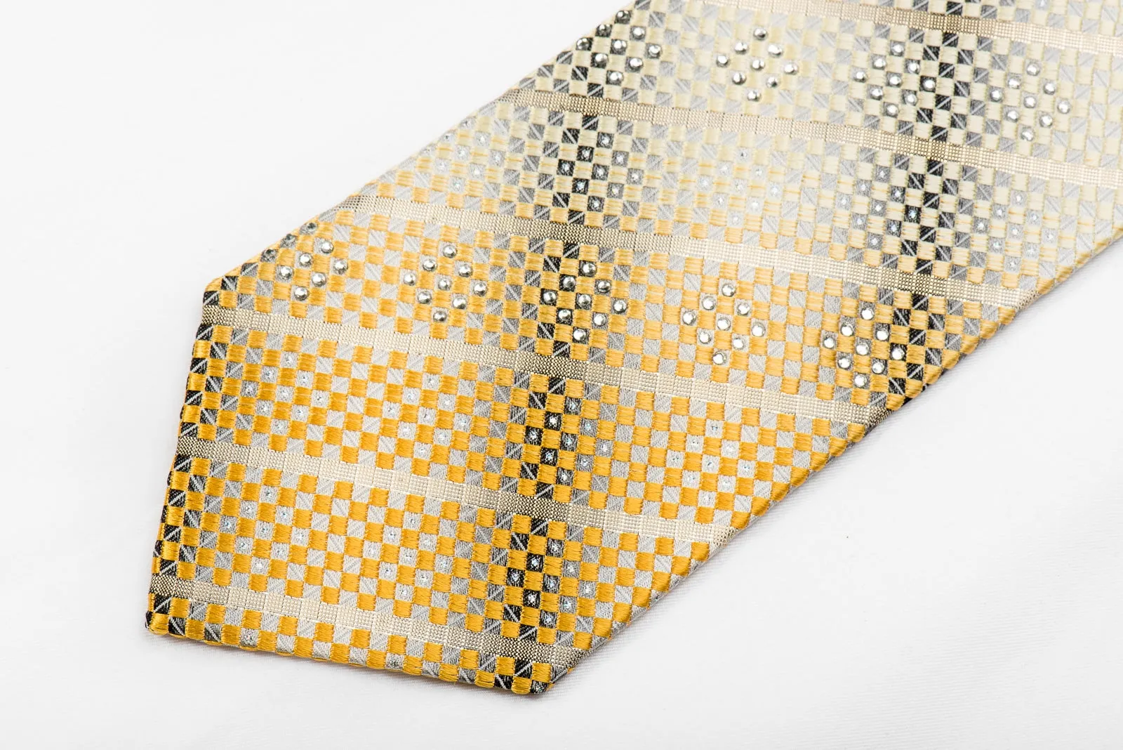 Herbon Men's Crystal Silk Tie Gold Metallic Stripes On Silver Cream Checker