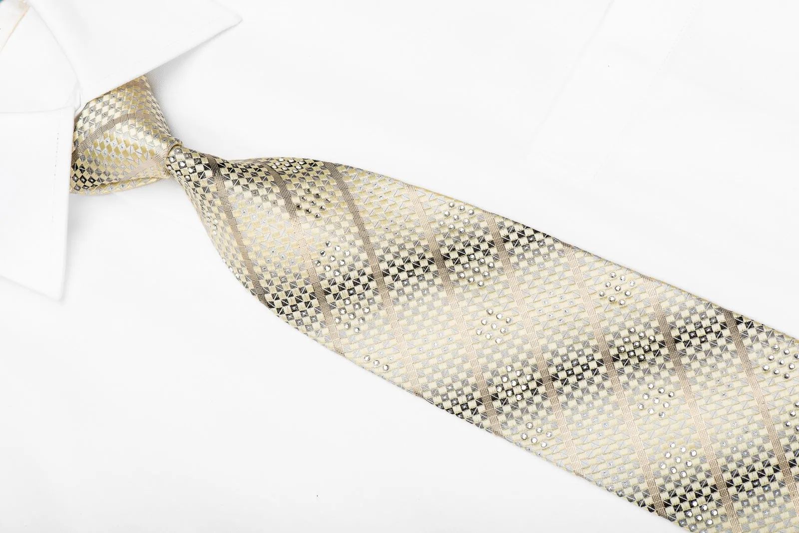 Herbon Men's Crystal Silk Tie Gold Metallic Stripes On Silver Cream Checker