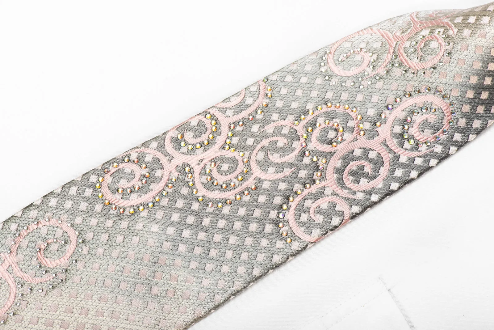 Indian Homme Men's Crystal Rhinestone Silk Necktie Pink Scrolls On Silver