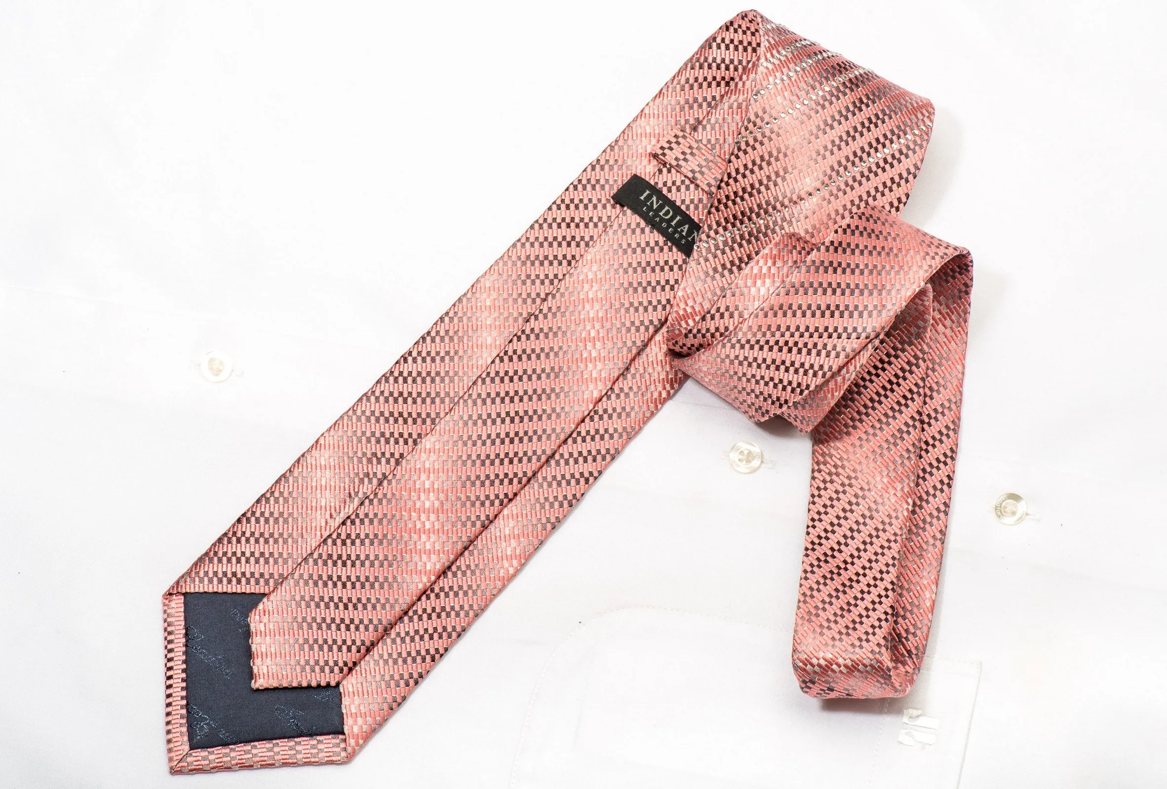 Indian Leaders Men's Silk Necktie Pink Silver Micro Checkered Sparkling With Rhinestones