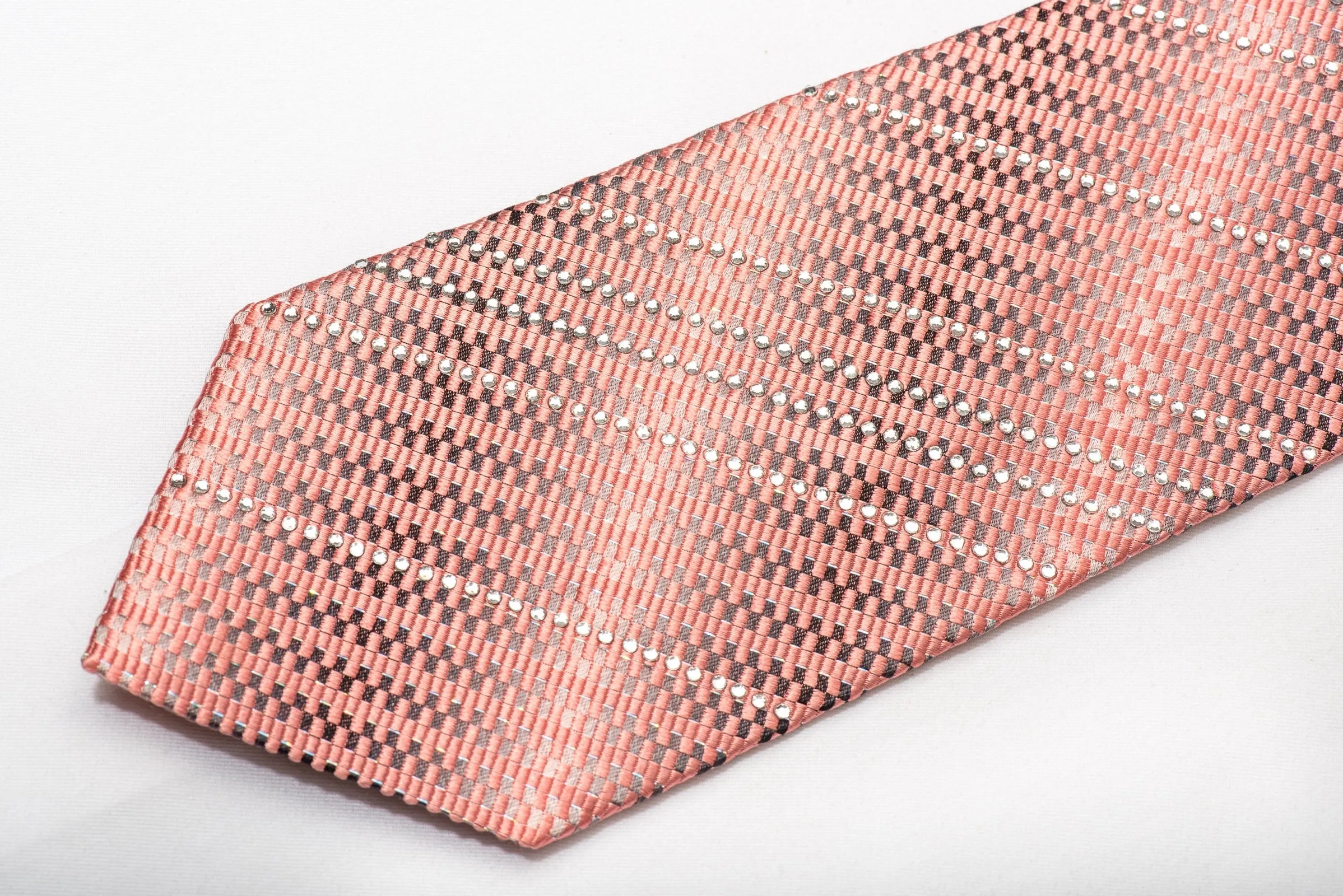 Indian Leaders Men's Silk Necktie Pink Silver Micro Checkered Sparkling With Rhinestones