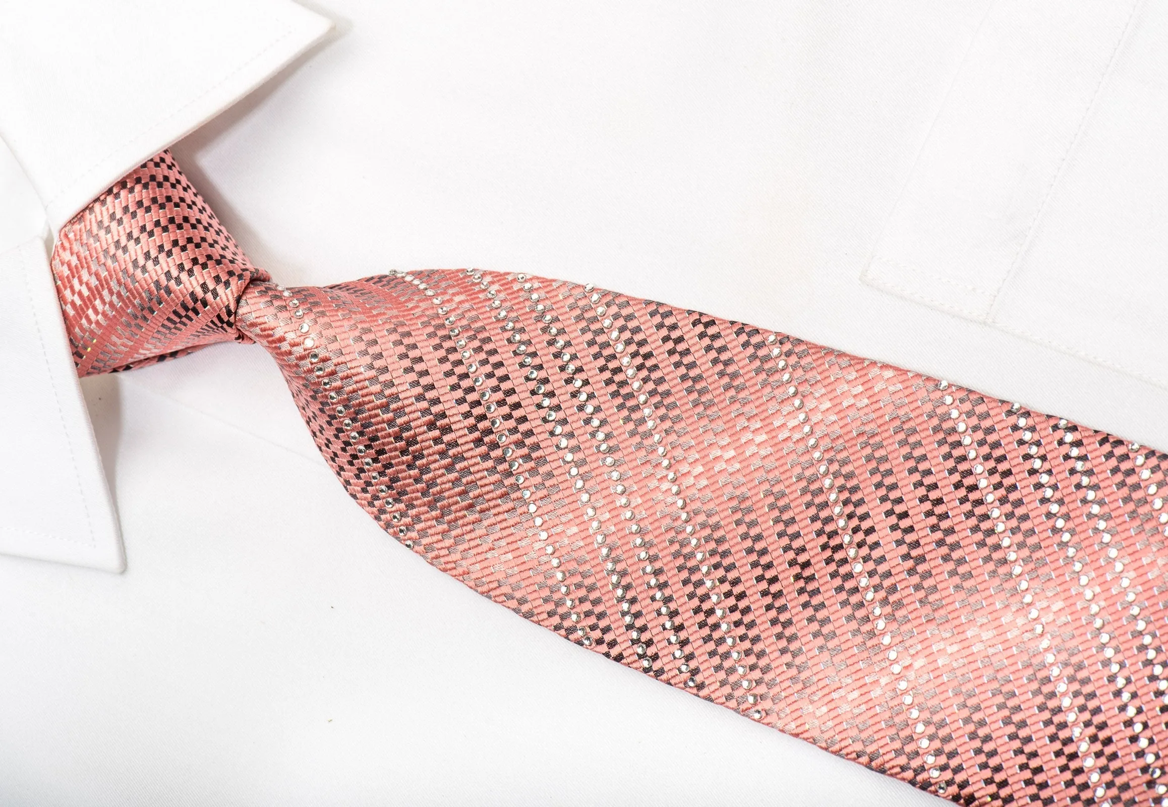 Indian Leaders Men's Silk Necktie Pink Silver Micro Checkered Sparkling With Rhinestones