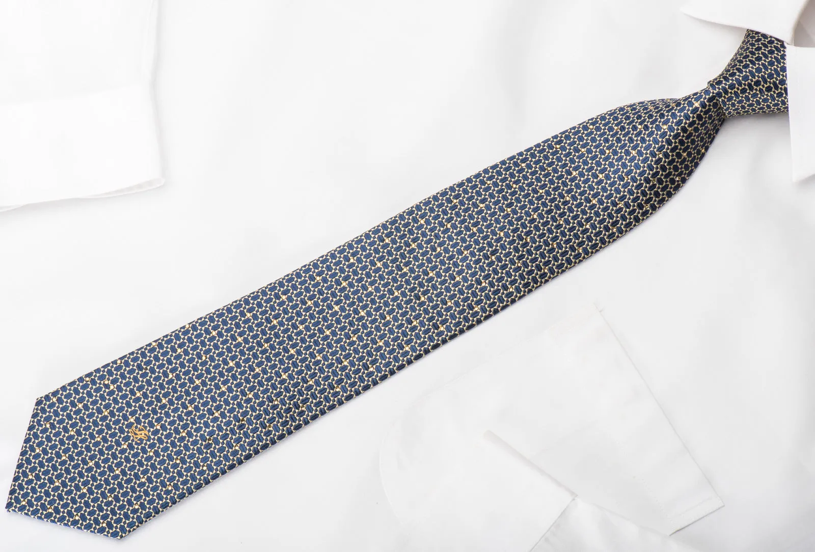 Indian Leaders Silk Tie Blue Geometric On Gold Sparkling With Rhinestones